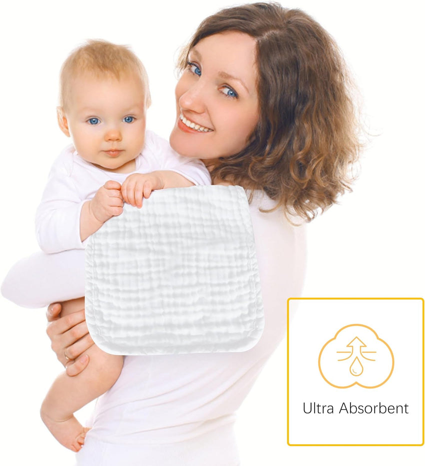 12 Pack Muslin Burp Cloths 100% Cotton Muslin Cloths Large 20''x10'' Extra Soft and Absorbent Baby Burping Cloth - White - 7DAY'S