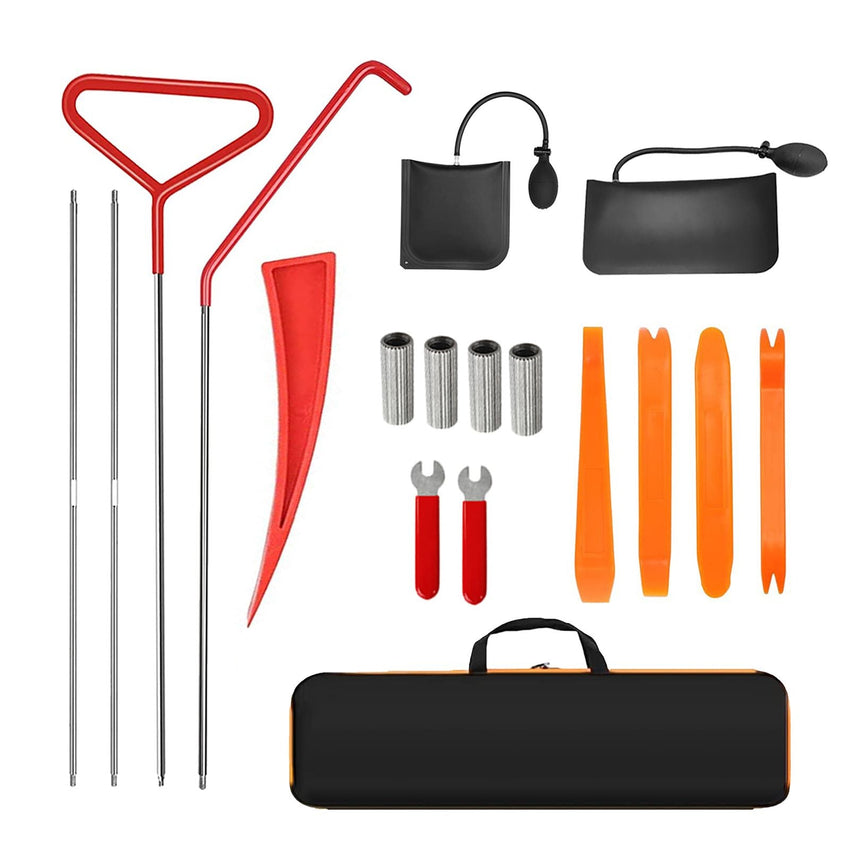 18 - piece car emergency kit with window wedge, air wedge bag pump, long distance grabber, automatic trim and removal tool - 7DAY'S
