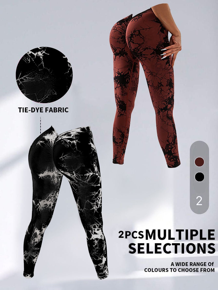 2 Pack Tie - Dye High Waist V - Back Yoga Leggings, Peach - Hip Enhancing Athleisure Tights, Sport Style Fitness Pants - 7DAY'S