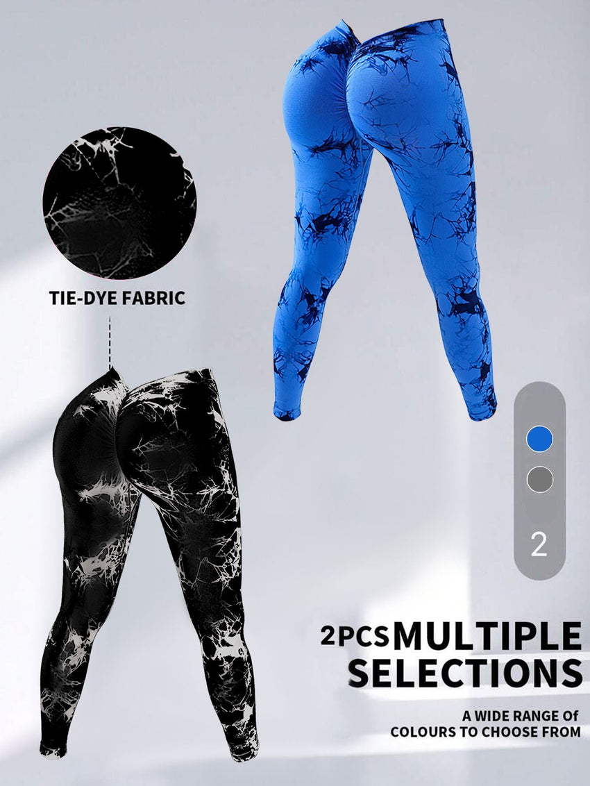 2 Pack Tie - Dye High Waist V - Back Yoga Leggings, Peach - Hip Enhancing Athleisure Tights, Sport Style Fitness Pants - 7DAY'S