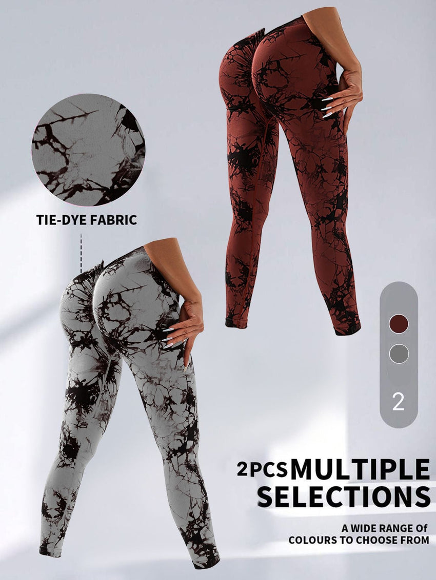 2 Pack Tie - Dye High Waist V - Back Yoga Leggings, Peach - Hip Enhancing Athleisure Tights, Sport Style Fitness Pants - 7DAY'S