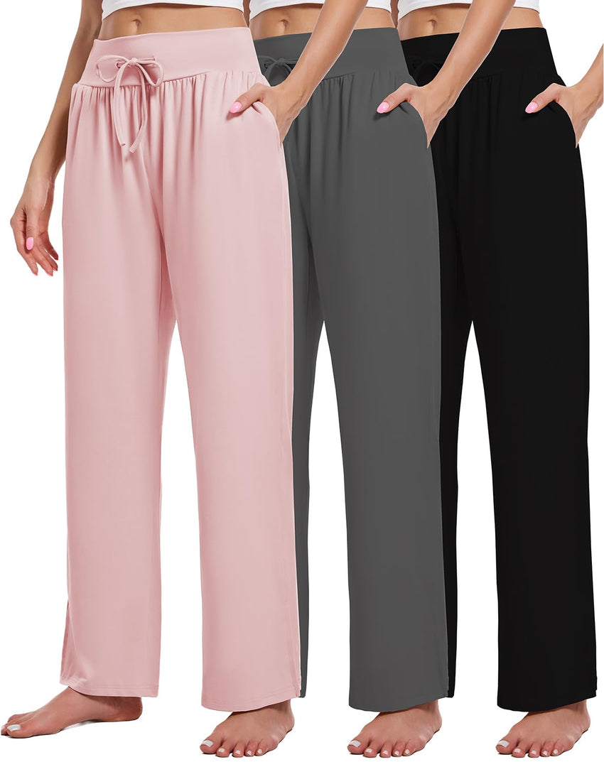 3 Pack Women's Lounge Pants Wide Leg Yoga Sweatpants with Pockets High Waisted Drawstring Lounge Loose Workout Jogger - 7DAY'S