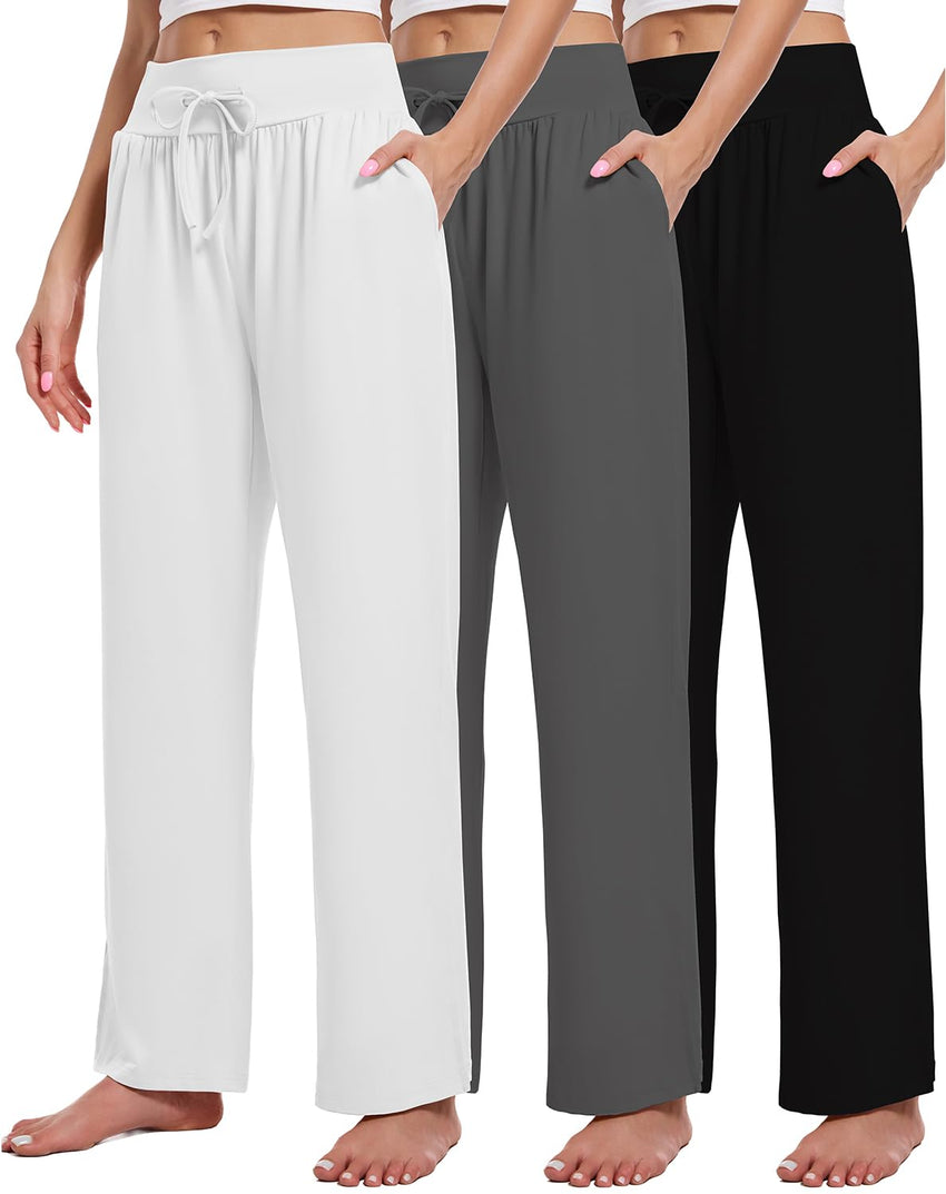 3 Pack Women's Lounge Pants Wide Leg Yoga Sweatpants with Pockets High Waisted Drawstring Lounge Loose Workout Jogger - 7DAY'S