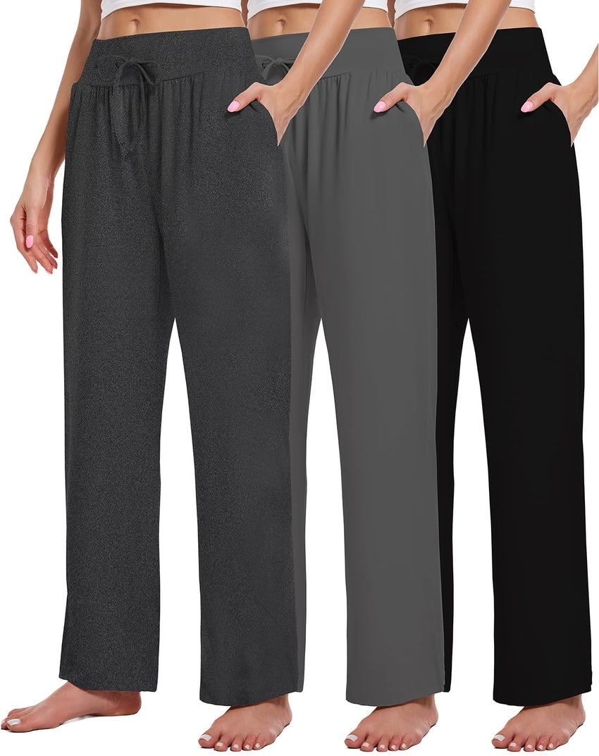 3 Pack Women's Lounge Pants Wide Leg Yoga Sweatpants with Pockets High Waisted Drawstring Lounge Loose Workout Jogger - 7DAY'S