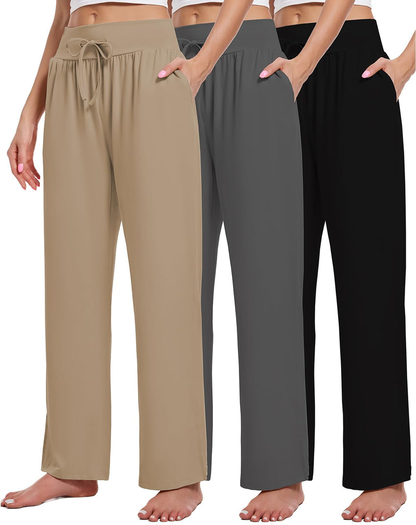 3 Pack Women's Lounge Pants Wide Leg Yoga Sweatpants with Pockets High Waisted Drawstring Lounge Loose Workout Jogger - 7DAY'S