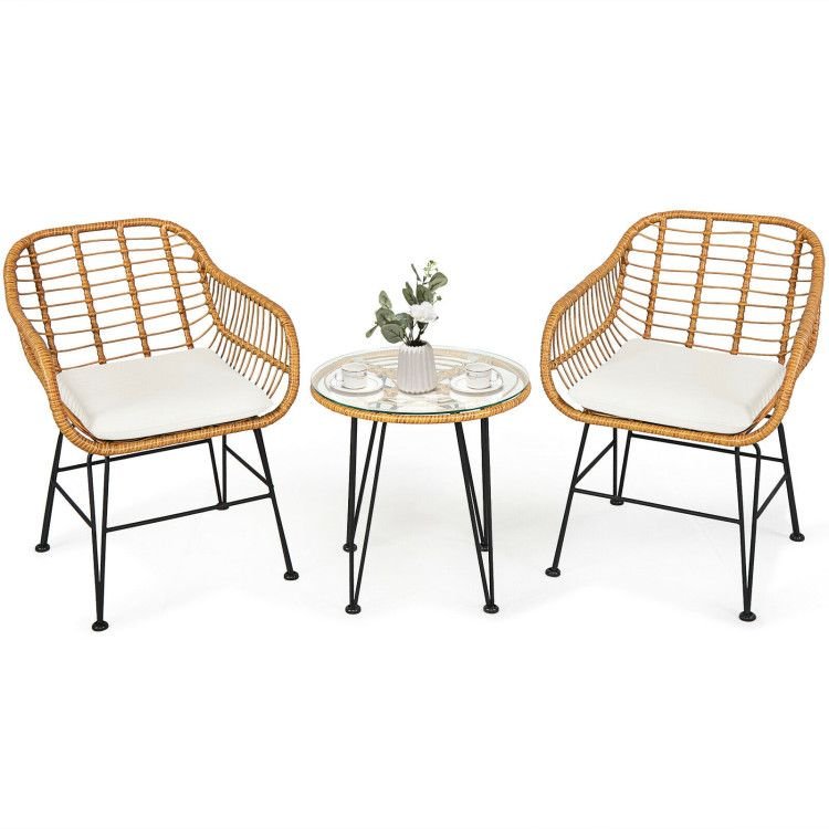 3 Pieces Rattan Furniture Set with Cushioned Chair Table - 7DAY'S