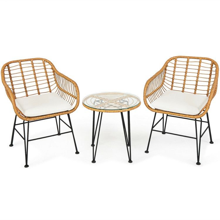 3 Pieces Rattan Furniture Set with Cushioned Chair Table - 7DAY'S