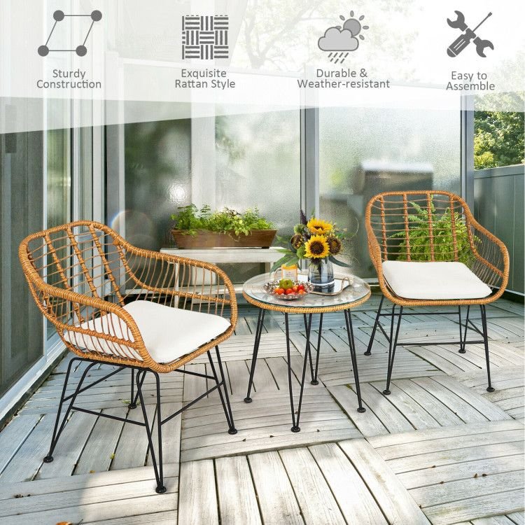 3 Pieces Rattan Furniture Set with Cushioned Chair Table - 7DAY'S
