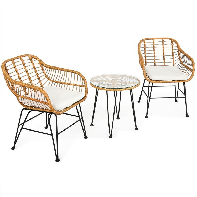 3 Pieces Rattan Furniture Set with Cushioned Chair Table - 7DAY'S