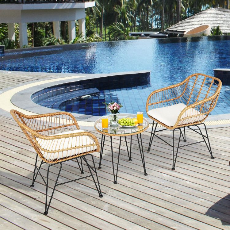 3 Pieces Rattan Furniture Set with Cushioned Chair Table - 7DAY'S
