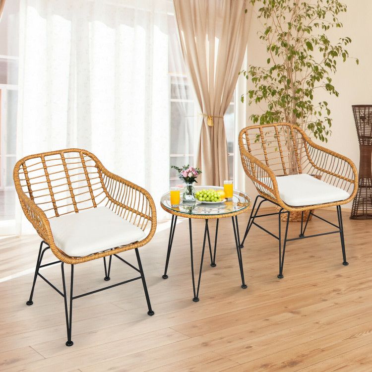 3 Pieces Rattan Furniture Set with Cushioned Chair Table - 7DAY'S