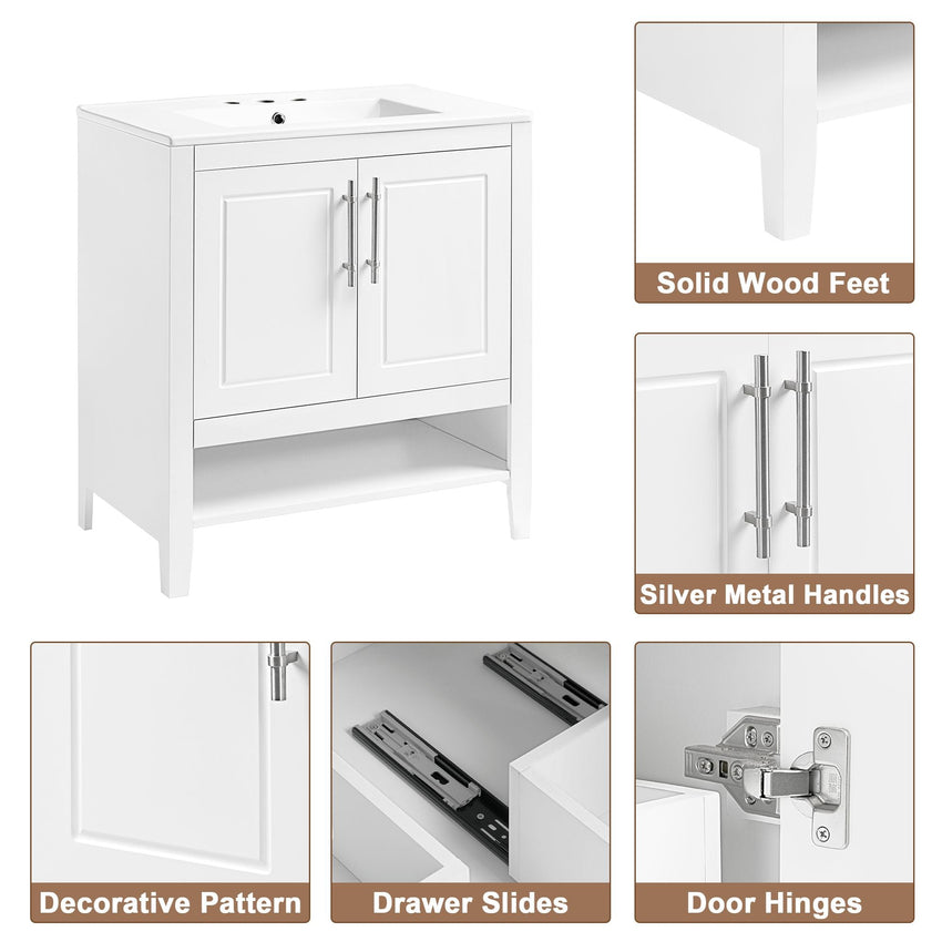 30" Bathroom Vanity with Sink, Multi - functional Bathroom Cabinet with Doors and Drawers, Solid Frame and MDF Board, White - 7DAY'S