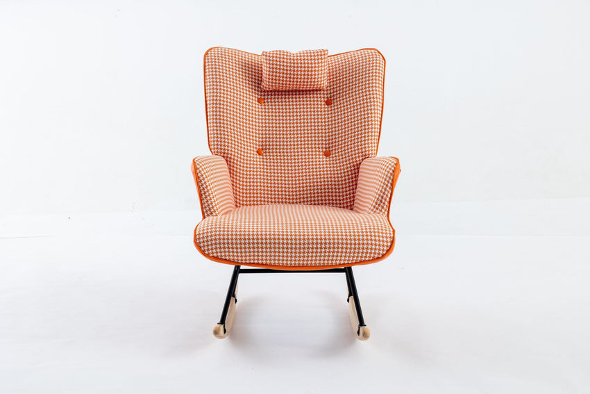 35.5 inch Rocking Chair, Soft Houndstooth Fabric Leather Fabric Rocking Chair for Nursery, Comfy Wingback Glider Rocker with Safe Solid Wood Base for Living Room Bedroom Balcony - 7DAY'S