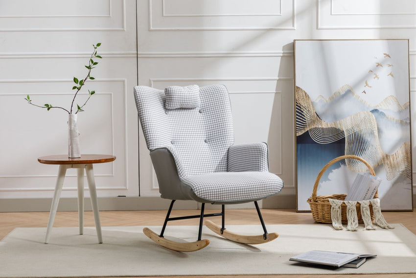 35.5 inch Rocking Chair, Soft Houndstooth Fabric Leather Fabric Rocking Chair for Nursery, Comfy Wingback Glider Rocker with Safe Solid Wood Base for Living Room Bedroom Balcony - 7DAY'S