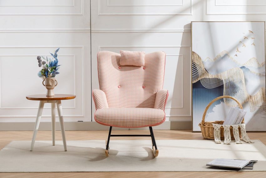 35.5 inch Rocking Chair, Soft Houndstooth Fabric Leather Fabric Rocking Chair for Nursery, Comfy Wingback Glider Rocker with Safe Solid Wood Base for Living Room Bedroom Balcony - 7DAY'S