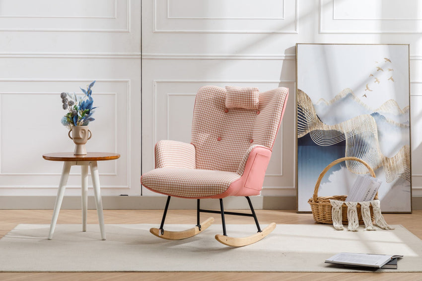 35.5 inch Rocking Chair, Soft Houndstooth Fabric Leather Fabric Rocking Chair for Nursery, Comfy Wingback Glider Rocker with Safe Solid Wood Base for Living Room Bedroom Balcony - 7DAY'S