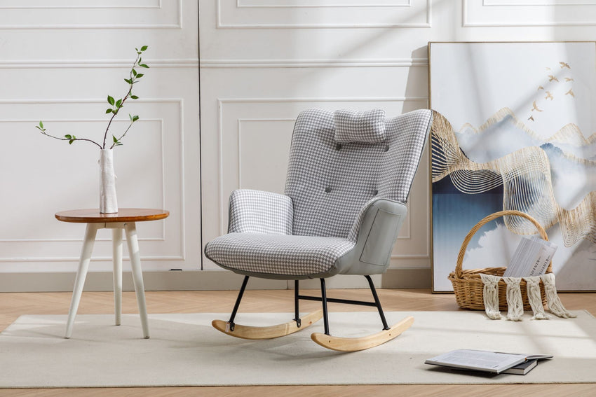 35.5 inch Rocking Chair, Soft Houndstooth Fabric Leather Fabric Rocking Chair for Nursery, Comfy Wingback Glider Rocker with Safe Solid Wood Base for Living Room Bedroom Balcony - 7DAY'S