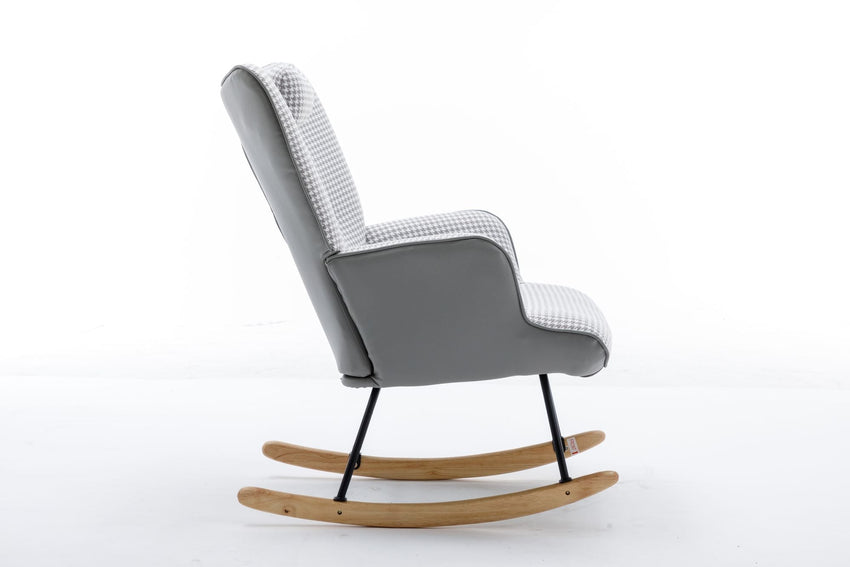 35.5 inch Rocking Chair, Soft Houndstooth Fabric Leather Fabric Rocking Chair for Nursery, Comfy Wingback Glider Rocker with Safe Solid Wood Base for Living Room Bedroom Balcony - 7DAY'S