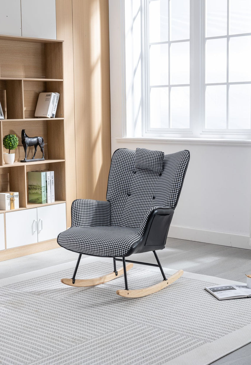 35.5 inch Rocking Chair, Soft Houndstooth Fabric Leather Fabric Rocking Chair for Nursery, Comfy Wingback Glider Rocker with Safe Solid Wood Base for Living Room Bedroom Balcony - 7DAY'S