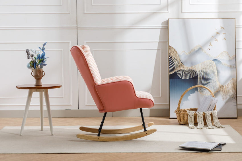 35.5 inch Rocking Chair, Soft Houndstooth Fabric Leather Fabric Rocking Chair for Nursery, Comfy Wingback Glider Rocker with Safe Solid Wood Base for Living Room Bedroom Balcony - 7DAY'S