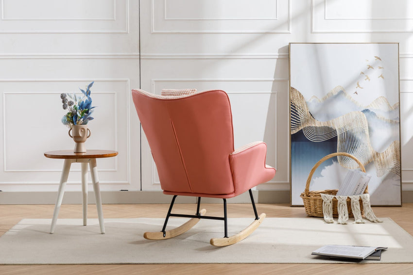 35.5 inch Rocking Chair, Soft Houndstooth Fabric Leather Fabric Rocking Chair for Nursery, Comfy Wingback Glider Rocker with Safe Solid Wood Base for Living Room Bedroom Balcony - 7DAY'S