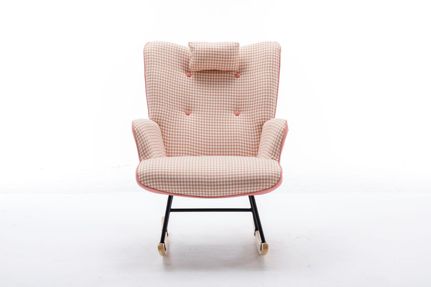 35.5 inch Rocking Chair, Soft Houndstooth Fabric Leather Fabric Rocking Chair for Nursery, Comfy Wingback Glider Rocker with Safe Solid Wood Base for Living Room Bedroom Balcony - 7DAY'S