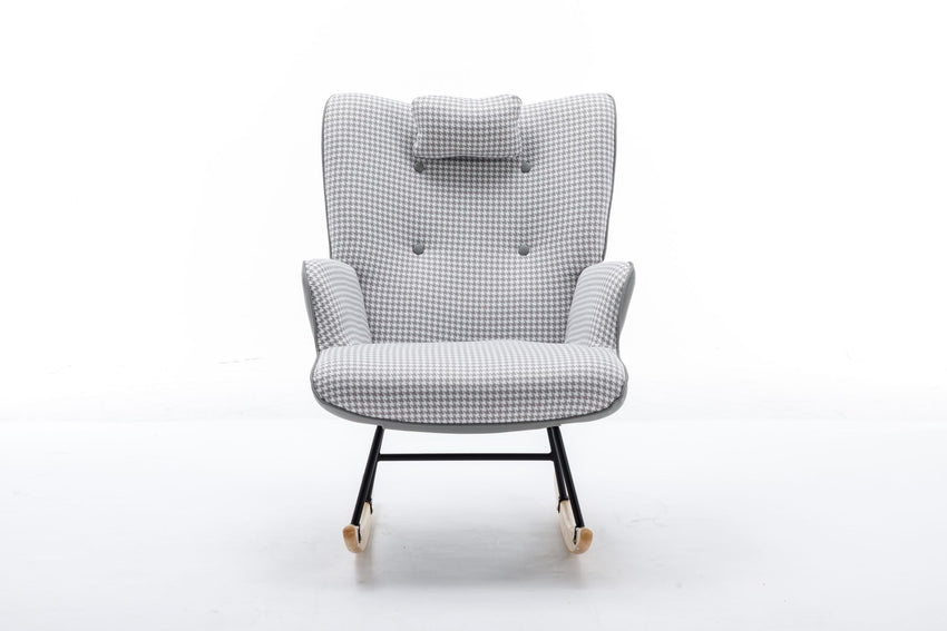 35.5 inch Rocking Chair, Soft Houndstooth Fabric Leather Fabric Rocking Chair for Nursery, Comfy Wingback Glider Rocker with Safe Solid Wood Base for Living Room Bedroom Balcony - 7DAY'S