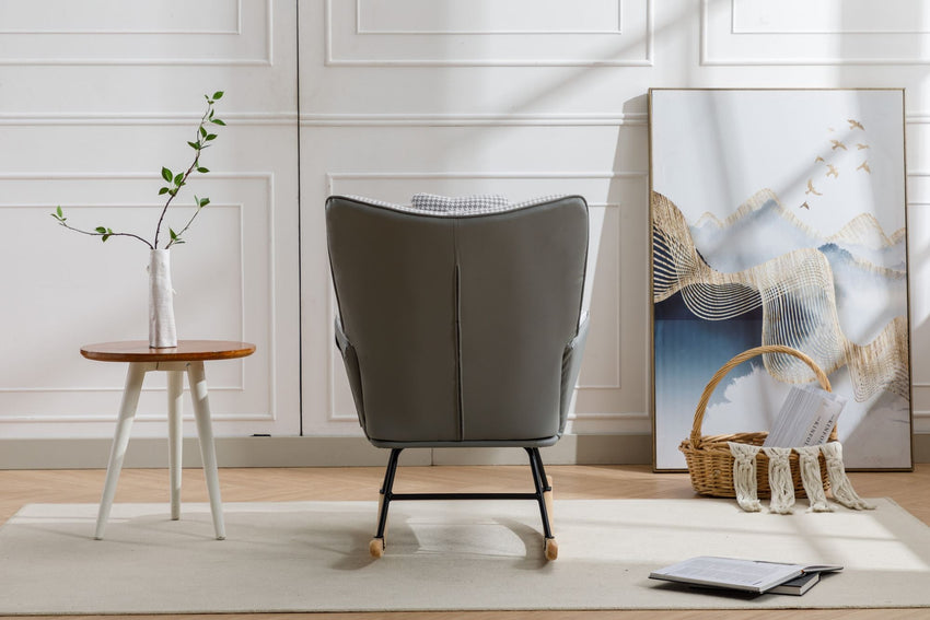 35.5 inch Rocking Chair, Soft Houndstooth Fabric Leather Fabric Rocking Chair for Nursery, Comfy Wingback Glider Rocker with Safe Solid Wood Base for Living Room Bedroom Balcony - 7DAY'S