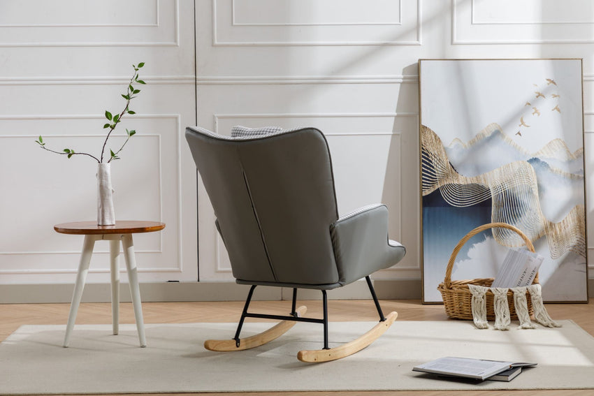 35.5 inch Rocking Chair, Soft Houndstooth Fabric Leather Fabric Rocking Chair for Nursery, Comfy Wingback Glider Rocker with Safe Solid Wood Base for Living Room Bedroom Balcony - 7DAY'S