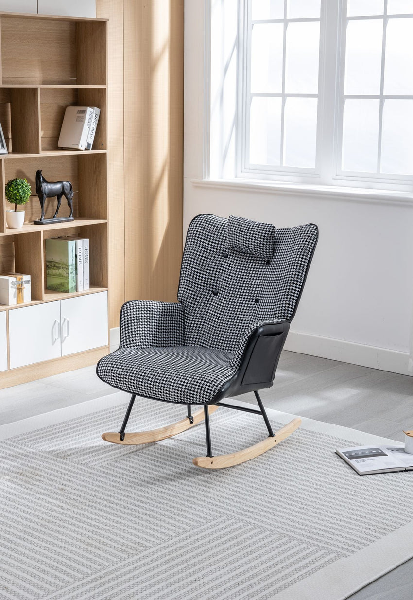 35.5 inch Rocking Chair, Soft Houndstooth Fabric Leather Fabric Rocking Chair for Nursery, Comfy Wingback Glider Rocker with Safe Solid Wood Base for Living Room Bedroom Balcony - 7DAY'S