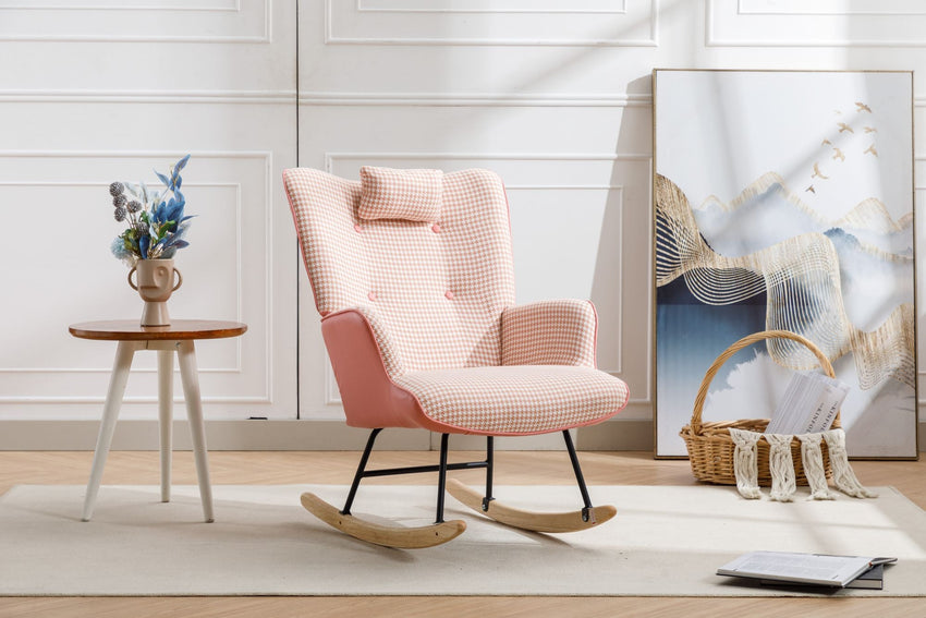 35.5 inch Rocking Chair, Soft Houndstooth Fabric Leather Fabric Rocking Chair for Nursery, Comfy Wingback Glider Rocker with Safe Solid Wood Base for Living Room Bedroom Balcony - 7DAY'S
