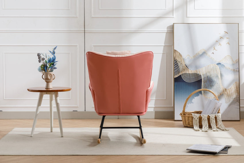 35.5 inch Rocking Chair, Soft Houndstooth Fabric Leather Fabric Rocking Chair for Nursery, Comfy Wingback Glider Rocker with Safe Solid Wood Base for Living Room Bedroom Balcony - 7DAY'S