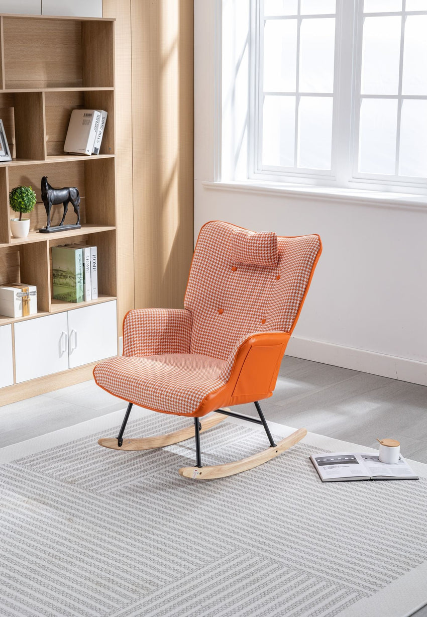 35.5 inch Rocking Chair, Soft Houndstooth Fabric Leather Fabric Rocking Chair for Nursery, Comfy Wingback Glider Rocker with Safe Solid Wood Base for Living Room Bedroom Balcony - 7DAY'S