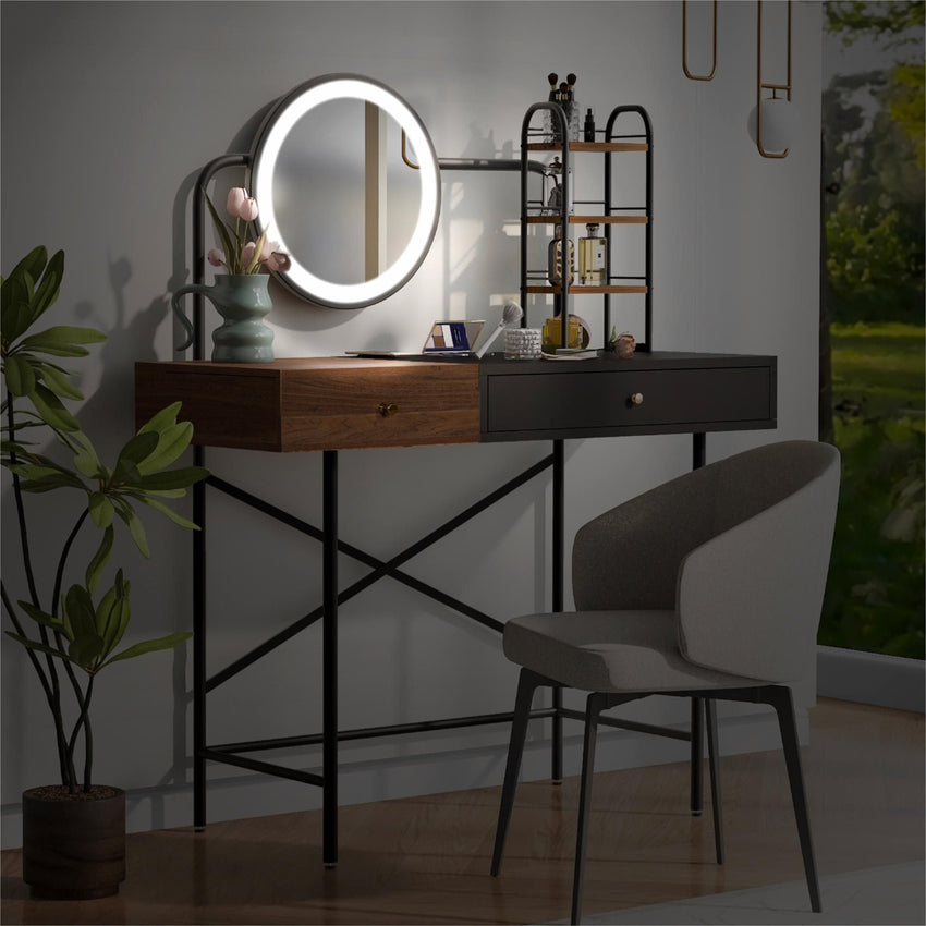 40 inch Makeup Vanity Desk with 3 - Mode Lighted Mirror & Wireless Charging Station,Vanity Table with Drawer & 3 Open Shelves for Ample Storage Space,Dressing Table for Bedroom - 7DAY'S
