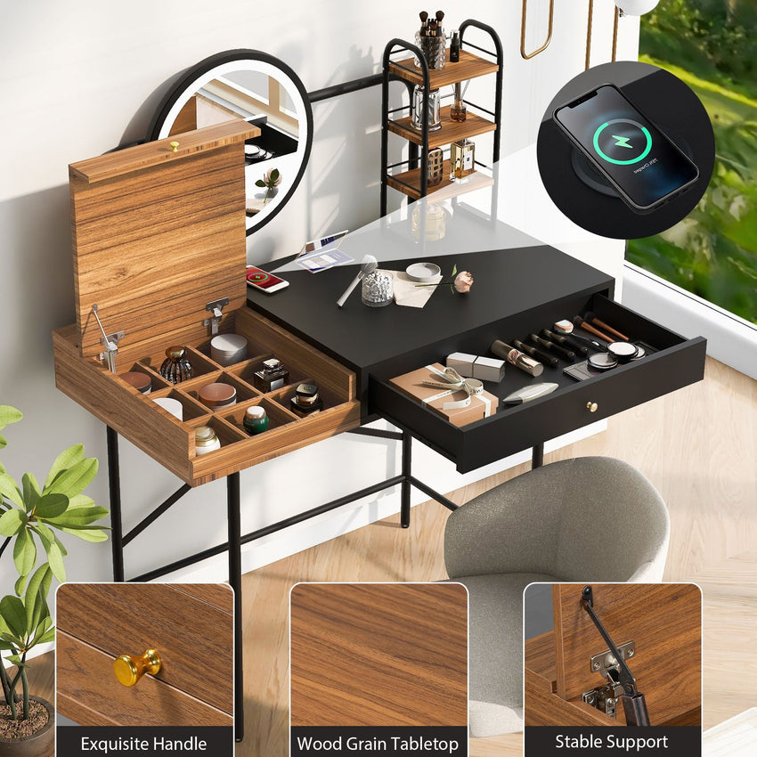 40 inch Makeup Vanity Desk with 3 - Mode Lighted Mirror & Wireless Charging Station,Vanity Table with Drawer & 3 Open Shelves for Ample Storage Space,Dressing Table for Bedroom - 7DAY'S