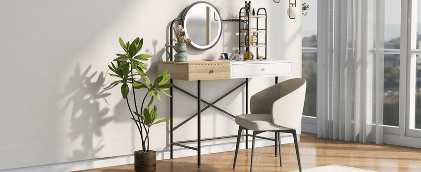 40 inch Makeup Vanity Desk with 3 - Mode Lighted Mirror & Wireless Charging Station,Vanity Table with Drawer & 3 Open Shelves for Ample Storage Space,Dressing Table for Bedroom - 7DAY'S