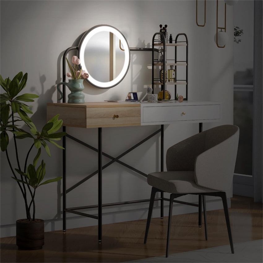 40 inch Makeup Vanity Desk with 3 - Mode Lighted Mirror & Wireless Charging Station,Vanity Table with Drawer & 3 Open Shelves for Ample Storage Space,Dressing Table for Bedroom - 7DAY'S