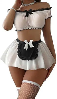 Sexy Stockings Mini Skirt Mesh Sheer Lace Halloween Costume Maid Outfit Lingerie with Thong Set 4 Piece