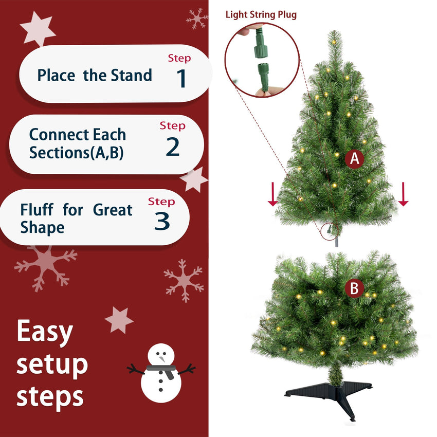 4ft Artificial Christmas Tree Prelit with Stand,100 Warm White LED Lights,Realistic 241 Branch Tips PVC Green Norwood Spruce Tree Easy Assembly for Indoor,Home - 7DAY'S