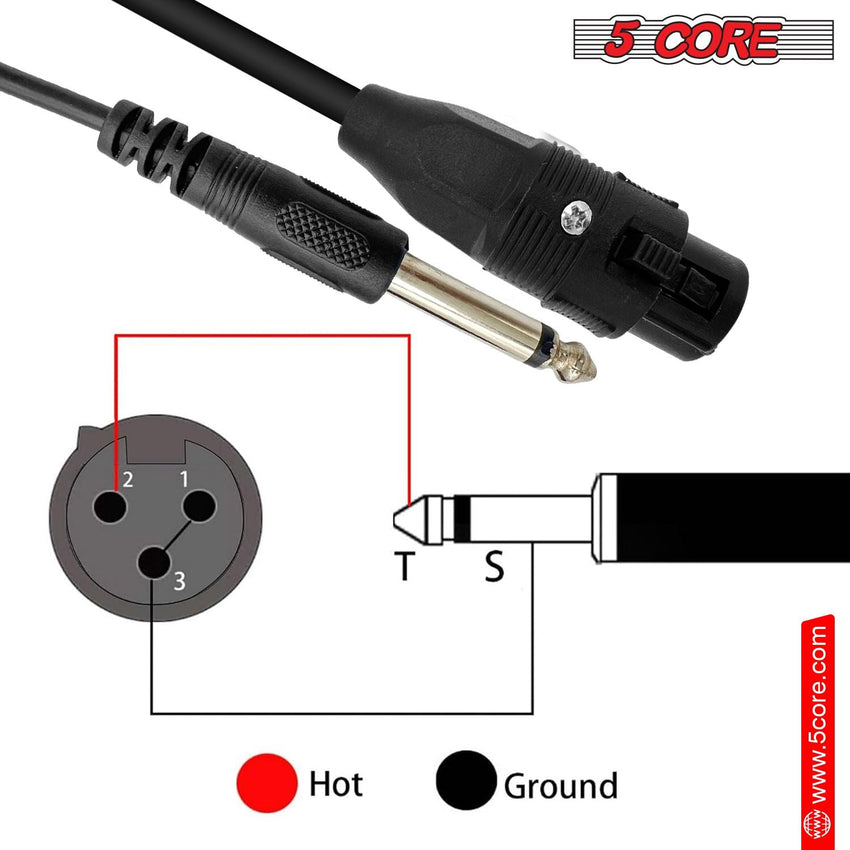 5 Core 10 Pieces Female XLR to 1/4 Inch (6.35mm) TS Mono Jack Microphone Cable, Unbalanced 3 Pin XLR Female to Quarter inch TS Plug Mic Cord for Dynamic Microphone - Mic Cord 10PCS - 7DAY'S
