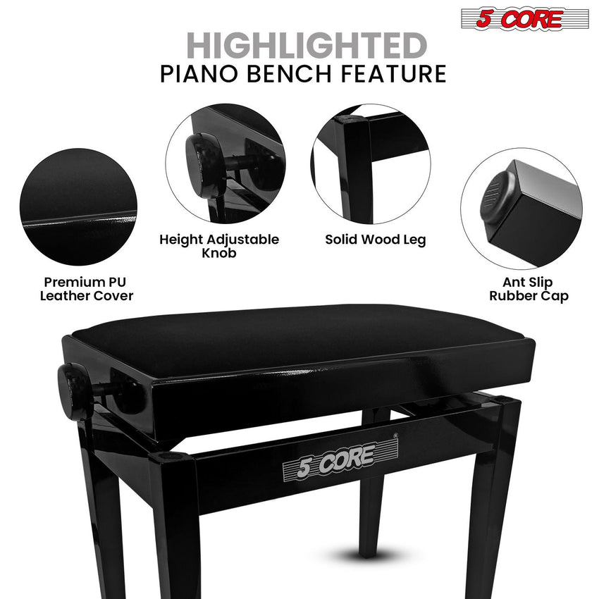 5 Core Adjustable Piano Bench Thick 3.25" Solid Wood Keyboard Stool Heavy Duty Musician Chair - 7DAY'S