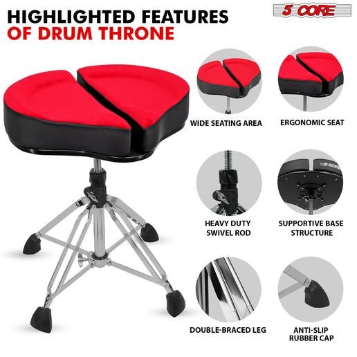 5 Core Drum Throne Sponge Padded Guitar Stool Drummer Seat for Adults & Kids - DS GT RED - VEL - 7DAY'S