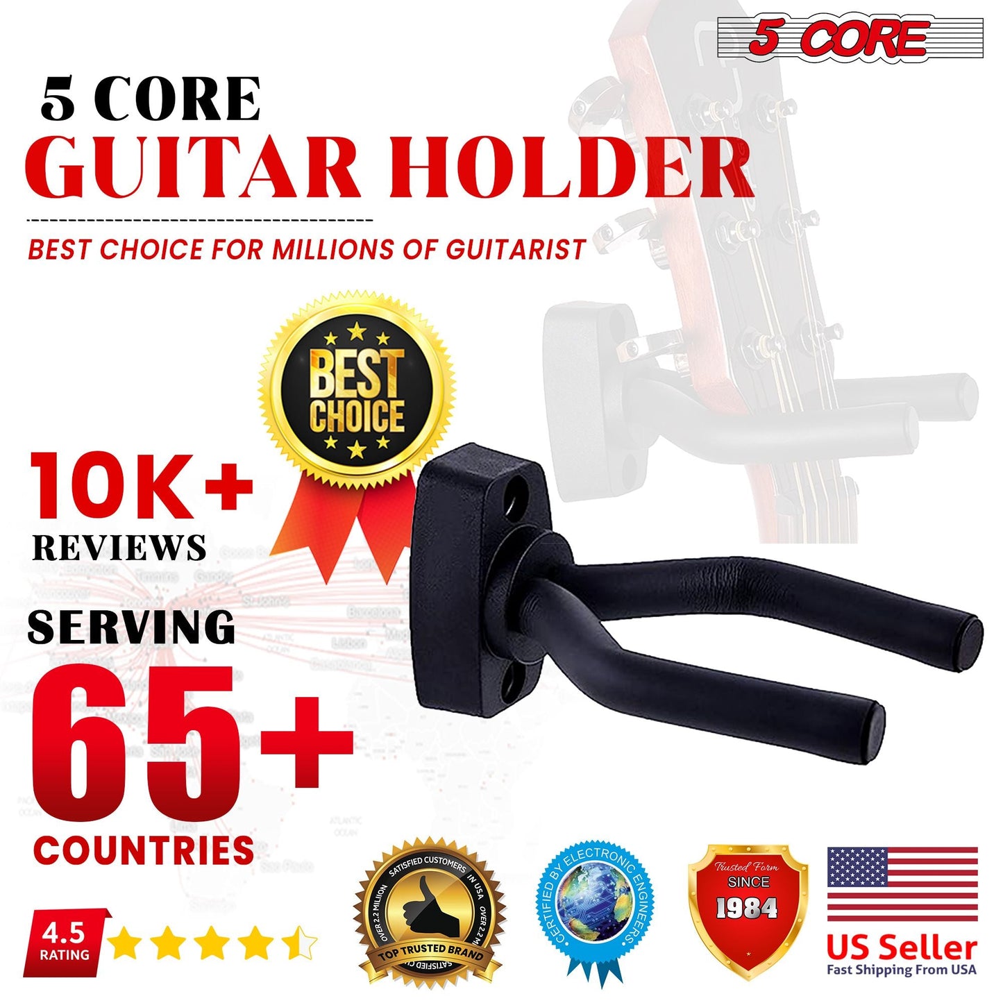 5 CORE Guitar Wall Mount Hanger Hook for Acoustic Classical Electric Bass Guitars - GH IRON 2PCS - 7DAY'S