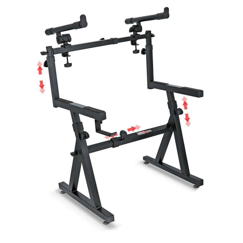 5 CORE Keyboard Stand 2 Tier Z Style Adjustable Electric Piano Riser Foldable & Heavy Duty Lift Holder With Secure Strap Mount For 54 88 Key Instruments - KS Z1 BLK HD + 2T - 7DAY'S