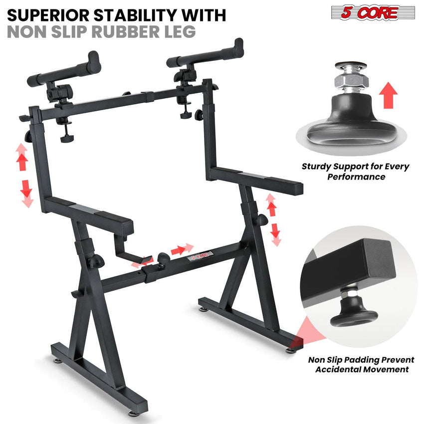 5 CORE Keyboard Stand 2 Tier Z Style Adjustable Electric Piano Riser Foldable & Heavy Duty Lift Holder With Secure Strap Mount For 54 88 Key Instruments - KS Z1 BLK HD + 2T - 7DAY'S