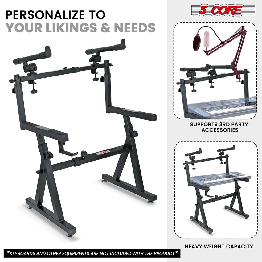 5 CORE Keyboard Stand 2 Tier Z Style Adjustable Electric Piano Riser Foldable & Heavy Duty Lift Holder With Secure Strap Mount For 54 88 Key Instruments - KS Z1 BLK HD + 2T - 7DAY'S