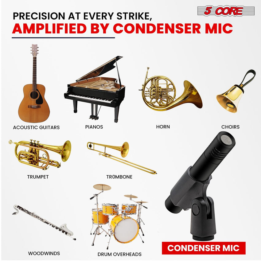 5 CORE Professional Instrument Microphone Pencil Mic Condenser Cardioid Unidirectional Stick Microfono with Windscreen Mic Clip & Case - INSTRU MIC 300 BLK - 7DAY'S