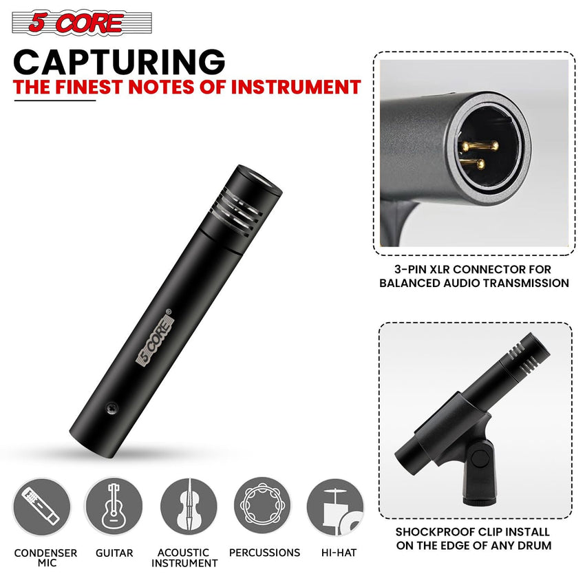 5 CORE Professional Instrument Microphone Pencil Mic Condenser Cardioid Unidirectional Stick Microfono with Windscreen Mic Clip & Case - INSTRU MIC 300 BLK - 7DAY'S