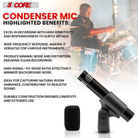 5 CORE Professional Instrument Microphone Pencil Mic Condenser Cardioid Unidirectional Stick Microfono with Windscreen Mic Clip & Case - INSTRU MIC 300 BLK - 7DAY'S