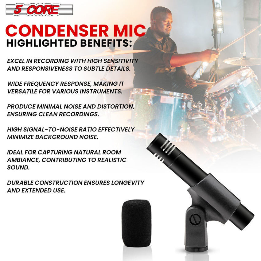 5 CORE Professional Instrument Microphone Pencil Mic Condenser Cardioid Unidirectional Stick Microfono with Windscreen Mic Clip & Case - INSTRU MIC 300 BLK - 7DAY'S